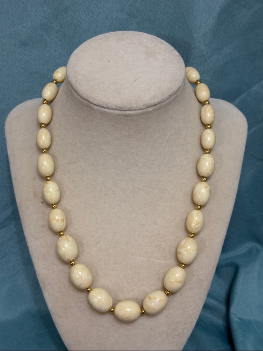 Vintage Monet Cream Beige Beaded 1970s Necklace with Gold Toned Spacers